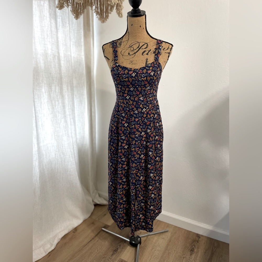 MADEWELL blue floral tie strap midi dress garden party